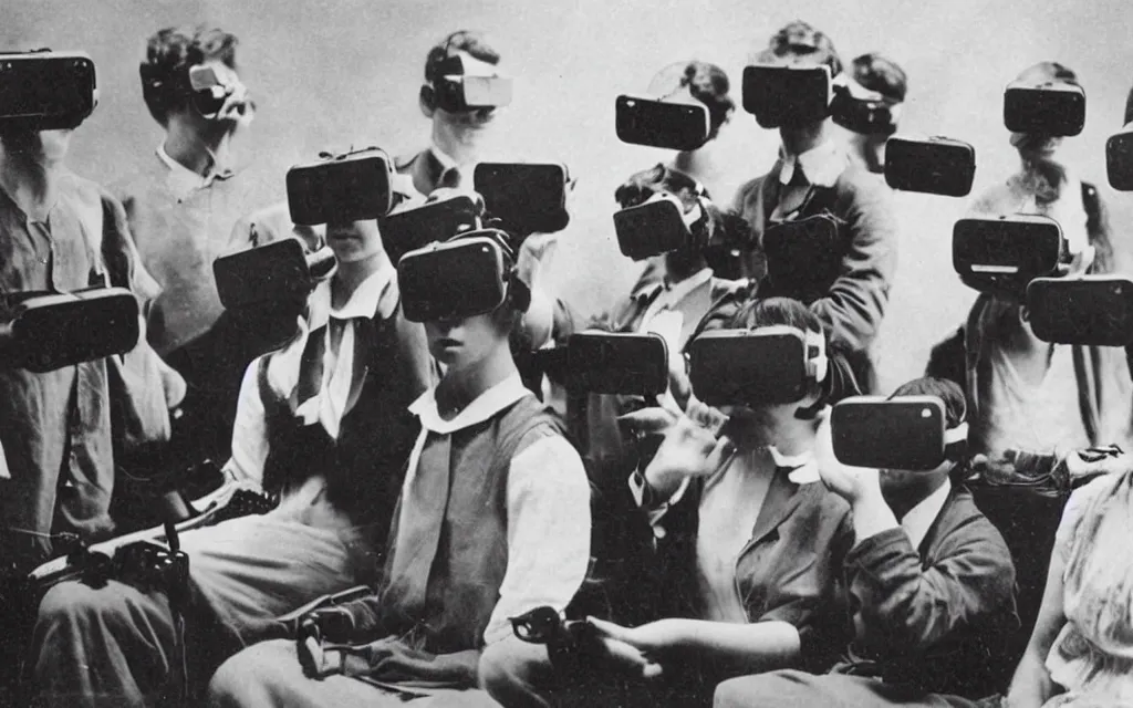 Image similar to 1 9 0 0 s photo of people using iphones ipods virtual reality headsets vr in a movie theater double exposure masterpiece