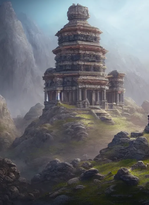 Image similar to landscape of futuristic ancient temples, magical, detailed terrain, ultra realistic, cinematic lighting, depth of field, trending on artstation