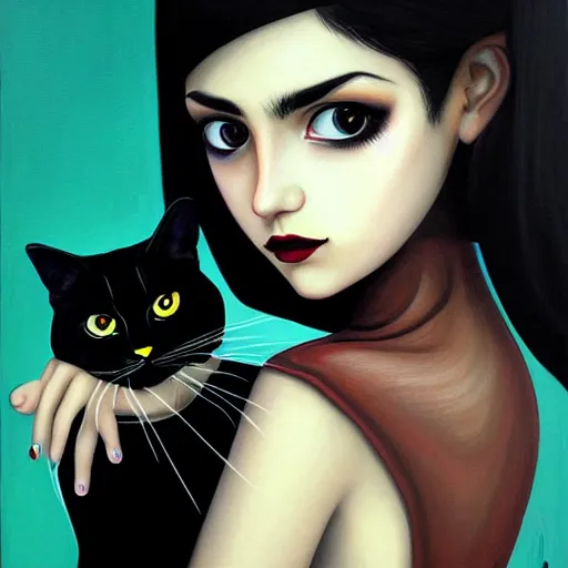 Image similar to a painting of an emo goth mexican woman with long dark hair thick eyebrows dark eyes and dark circles wide nose big eyes oval face shape big cheeks, holding her tabby cat, a photorealistic painting by tran nguyen and ilya kuvshinov, featured on deviantart, gothic art, goth, gothic, detailed painting