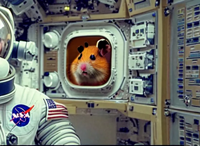 Image similar to film still of a hamster working for mission control at nasa, 8 k