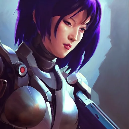 Image similar to greg manchess portrait painting of partially armored motoko kusanagi as overwatch character, medium shot, asymmetrical, profile picture, organic painting, sunny day, matte painting, bold shapes, hard edges, street art, trending on artstation, by huang guangjian, gil elvgren, ruan jia, greg rutkowski, gaston bussiere