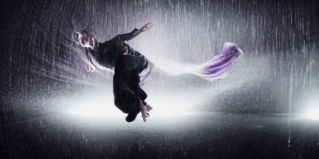 Prompt: fisheye lens slow motion with trail effect of futuristic break dancer wearing floating long dress emitting light, long exposure shot , at night in the middle of a rainy street, paddle of water, steam, fog, water splashes, rim lights, glossy reflections, water droplets on lens, octane render, dark and dramatic with lanterns, explosion in the background, detailed and soft, fisheye lens, smooth, sharp focus, illustration, art by artgerm and greg rutkowski