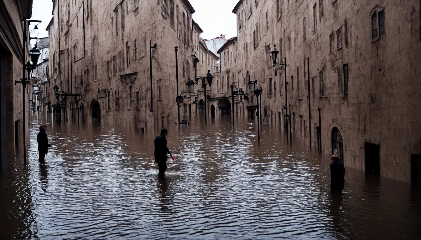 Image similar to person inspecting high flood in the middle of the old town, wavy water, dark, atmospheric, ambient vibe, very detailed, 8 k