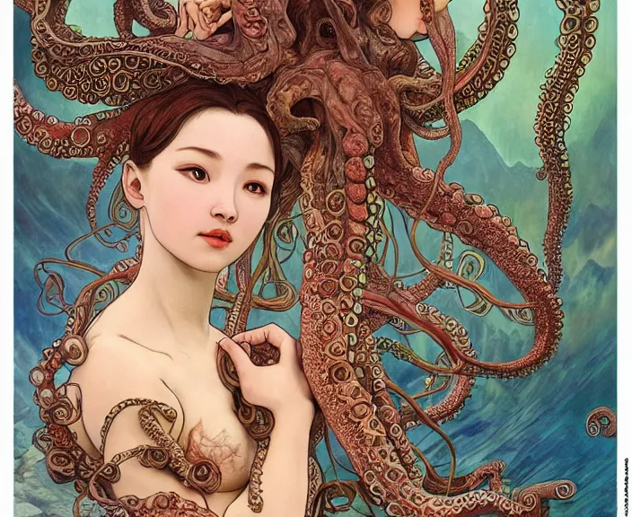 Image similar to portrait of an octopus goddess, full body shot, rule of thirds, wide angle, amazing landscape in background, fantasy, whimsical, horror, art by chengwei pan and alphonse mucha and josephine wall and amanda sage, intricately detailed, highly detailed, luxurious, elegant, clean, unsettling, trending on artstation