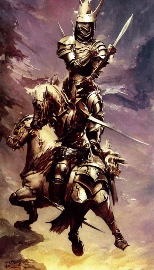 Prompt: fantasy painting by Frank Frazetta portraying a female knight in armor,wielding a sword,high quality,beautiful,detailed