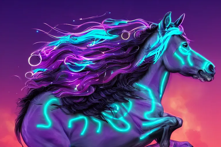 Image similar to a stunning horse with bioluminescent mane and tail running in the clouds by sandra chevrier and greg rutkowski, neon hooves, purple blue color scheme, vaporware, retro, outrun, high key lighting, volumetric light, digital art, highly detailed, fine detail, intricate, ornate, complex, octane render, unreal engine, photorealistic