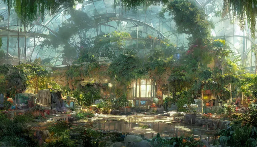 Image similar to craig mullins and ghibli digital illustration of the interior of a biodome, colorful, unreal engine, hyper realism, realistic shading, cinematic composition, realistic render, octane render, detailed textures, photorealistic, wide shot,