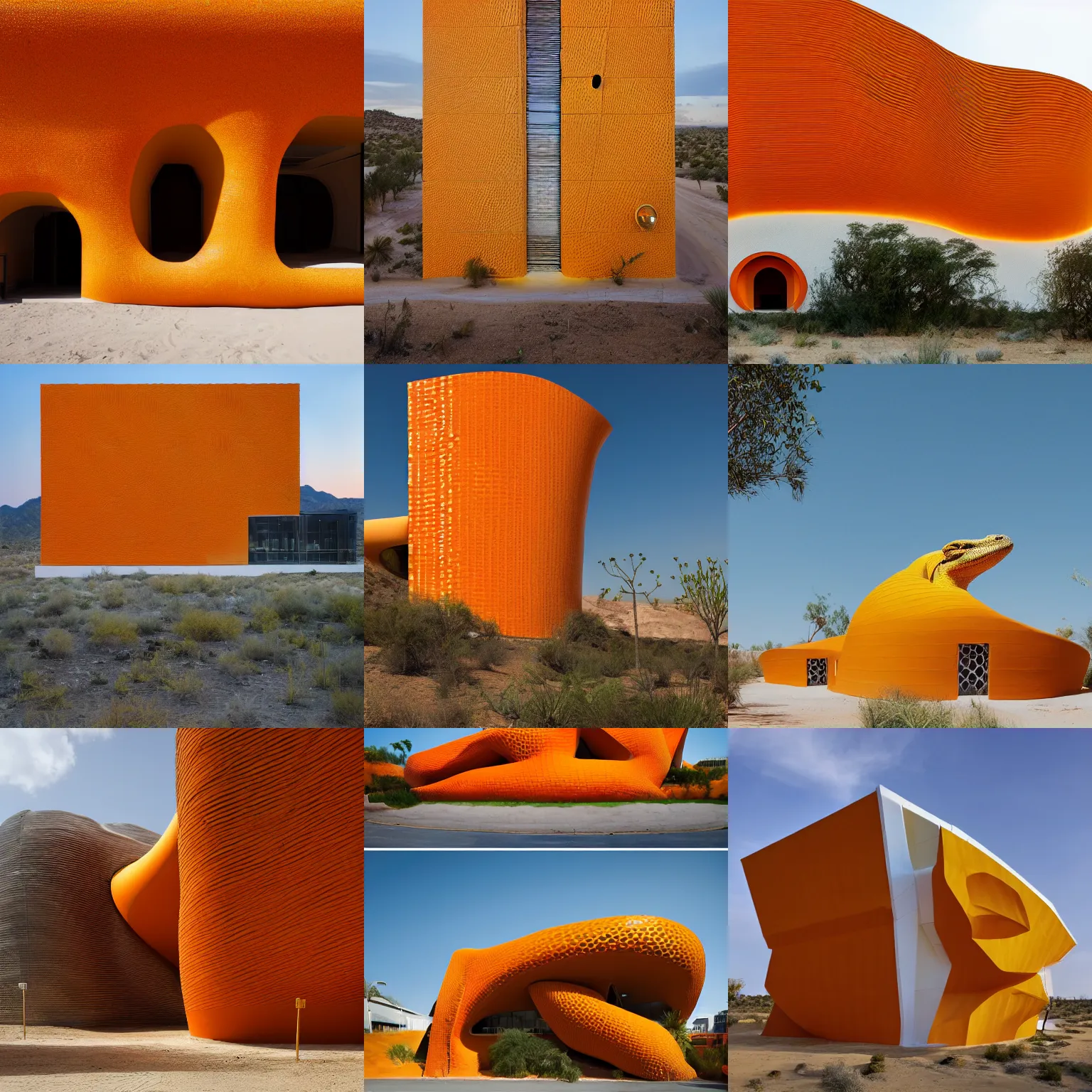 Prompt: archdaily architectural photography of a fun long building that looks like an orange and yellow lizard in the middle of a desert, architecture in the shape of a varanus caspius monitor lizard, lizard skin textured facade