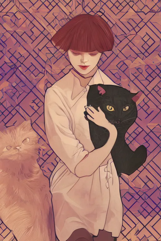 Image similar to a digital painting of a girl playing with a cat in a comfort room at night ,geometric shapes,S line,hard edges,Visual Communication Design by mucha and wlop ,jk uniform ,Hairdryer