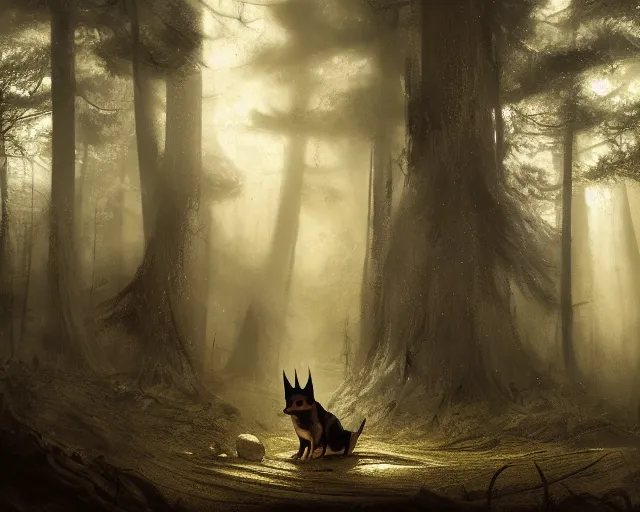 Image similar to 5 5 mm portrait photo of an armored demonic shiba inu with antlers, in a magical forest. dark atmosphere. art by greg rutkowski. highly detailed 8 k. intricate. lifelike. soft light. nikon d 8 5 0.