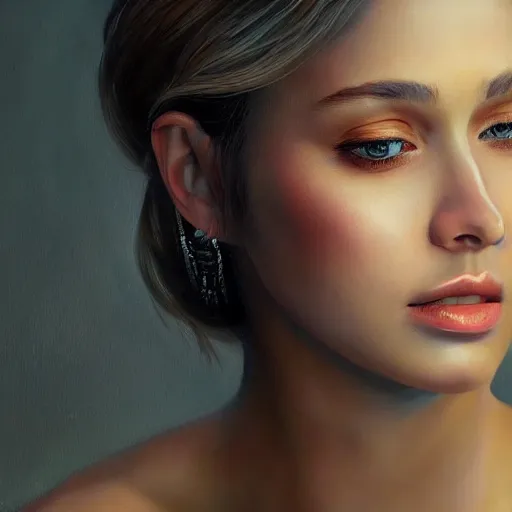 Prompt: the most beautiful woman in the world. realistic painting. trending on artstation.