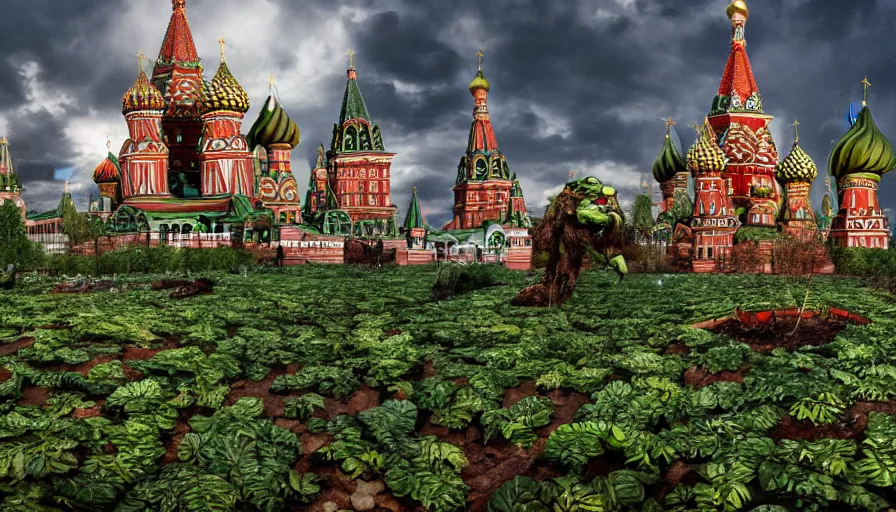 Prompt: Moscow's Red Square destroyed, abandoned and overgrown with plants, filled with mutant monsters, low angle view, hyperdetailed, artstation, 8k