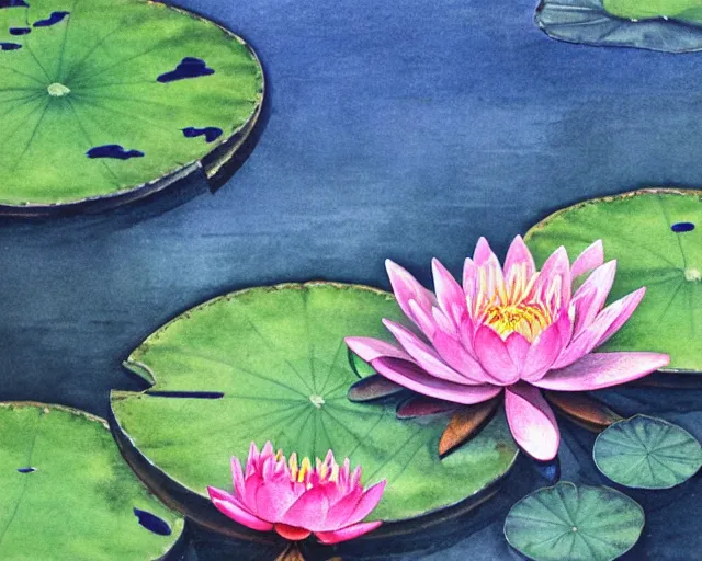 Image similar to a beautiful painting of a water lily pond, japanese watercolor,