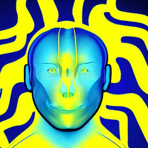 Image similar to human man that resembles a wasp morh in surreal sketch style, blue and yellow gradient, noise, ultrafine detail, hd 8k, logo illustration