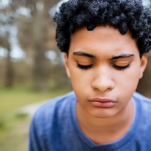 Prompt: a gray felt crown being worn by a teenage boy with black hair and closed eyes
