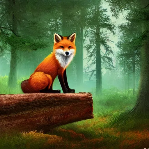 Prompt: a red fox on top of a log, in a green fantasy forest, lighting, digital art, matte painting, artstation trend, hdr