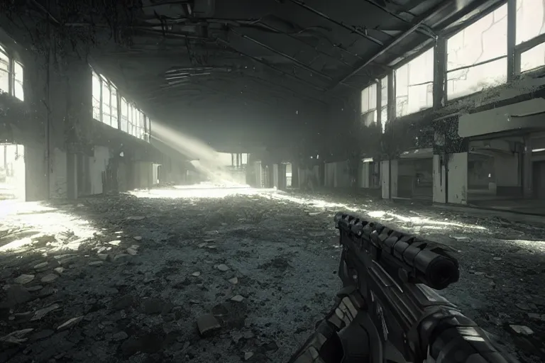 Prompt: a first person shooter game trailer on a abandoned victorian shopping mall, cinematic lightning, ray tracing, unreal engine 5, photorealistic, first person point of view, fps game concept art, detailed, dark, moody, foggy