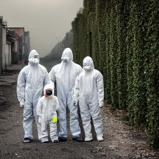 Image similar to a family wearing a hazmat suits on a post-war era street, dark smoke in the background, filthy streets, broken cars. Vines growing. Jpeg artifacts. Award-winning photo. Samyang/Rokinon Xeen 50mm T1.5