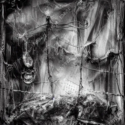 Prompt: terrible surreal alien beasts made of torn rags on an untidy wire frame walks abandoned Brooklyn at night, black and white, a little fog, moody lighting, Contemporary art, by Affandi