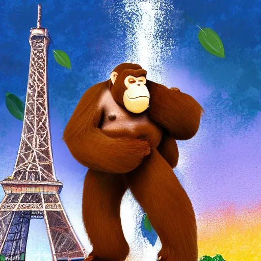 Prompt: A giant ape climbing the Eiffel tower while wearing a beret with a baguette in his hand, Detailed Digital art