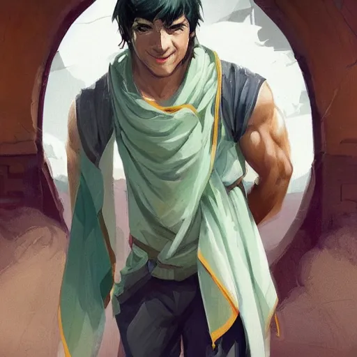 Image similar to a strong man with pale dull green skin and a warm smile, young man, wearing a toga, strong, scholarly, very short dark hair, peaceful, character art, full body art, Dungeons and Dragons, D&D, trending on artstation, artgerm, 4k ultra hd, sharp focus, digital art by Ilya Kuvshinov and Ross Tran