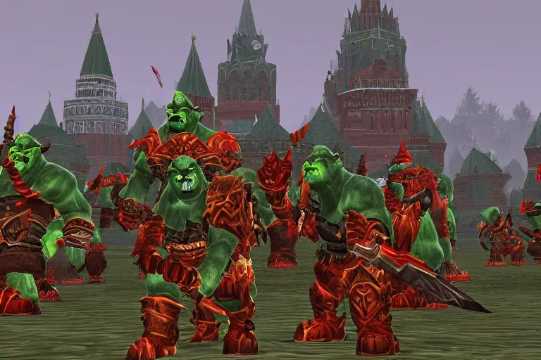 Image similar to moscow in style of world of warcraft orgrimmar, red square, orc village, green and red orcs in modern camouflage