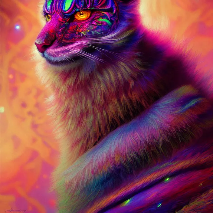 Image similar to bright psychedelic fuzzy fluffy animal cyborg, diffuse lighting, fantasy, intricate, elegant, highly detailed, lifelike, photorealistic, digital painting, artstation, illustration, concept art, smooth, sharp focus, art by John Collier and Albert Aublet and Krenz Cushart and Artem Demura and Alphonse Mucha