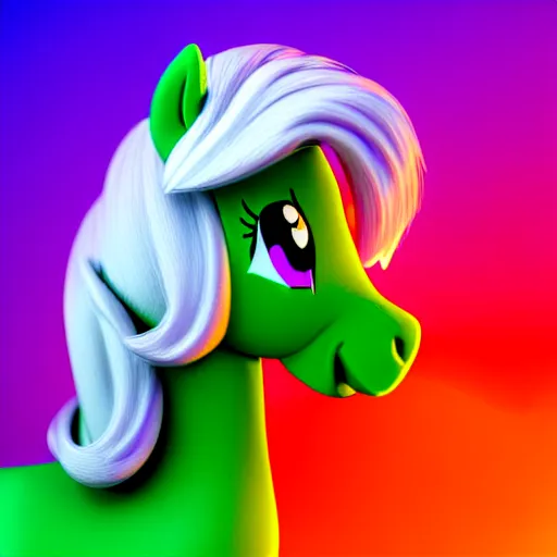 Image similar to white colored stoner pony from my little pony, marijuana themed, weed cutie mark, art, volumetric smoke, colorful, 3 d, render, black hoodie, soft lighting, green mane