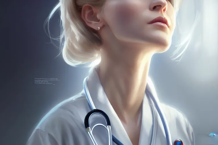 Image similar to an elegant and beautiful female doctor in a white coat in a ward, cinematic, highly detailed, digital painting, artstation, concept art, matte, sharp focus, illustration, art by artgerm and greg rutkowski