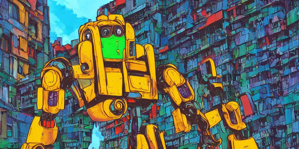 Prompt: colourful - damaged - giant mecha ROBOT of AJEGUNLE SLUMS of Lagos, markings on robot, Golden Hour, in the style of studio Ghibli,