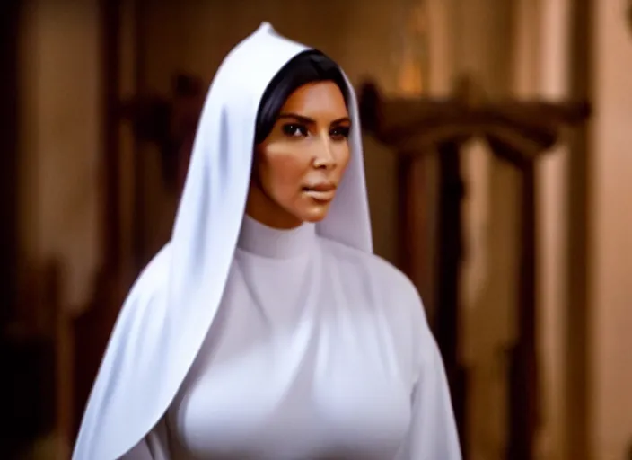 Image similar to a movie still of kim kardashian as a nun with her bust slightly showing. backround : church interior