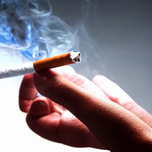 Prompt: Close-up of hyperrealistic soft hand holding cigarette with smoke, white background, 4K