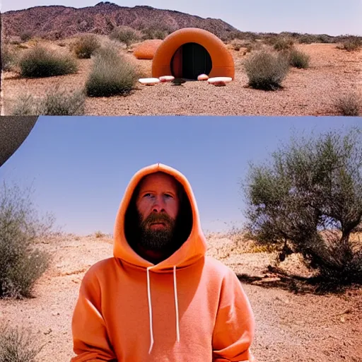 Image similar to a man wearing a salmon hoodie sitting outside a Non-Euclidean orb-like clay house sitting in the desert, vintage photo, beautiful cinematography, blue sky, film grain, James Turrell