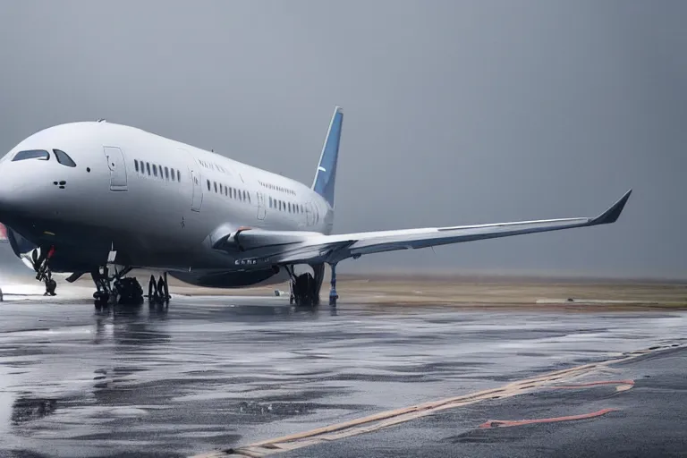 Prompt: detailed photo of a passenger jet airplane, landing at a 4 5 degree angle, on a runway in heavy rain and wind, photo from a spectator, 8 k, natural lighting