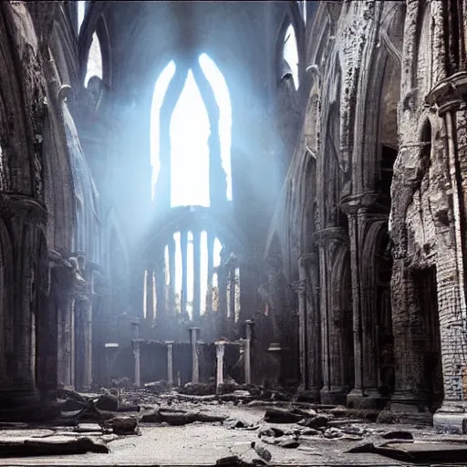 Prompt: a ruined cathedral with skeletal remains on the floor, sunlight shining through holes on the ruin walls, dark red orbs float inside the ruined cathedral, realistic lighting
