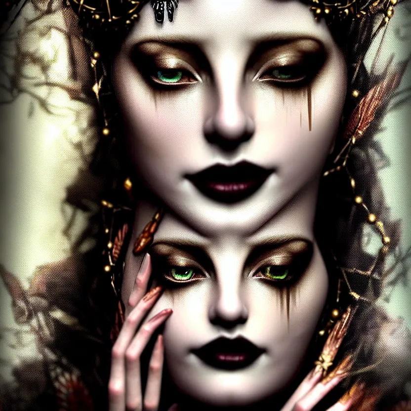 Image similar to mindblowing portrait of the enchantress queen, a stunning timeless beauty, breathtaking eyes, perfect skin, feathered eyelashes, royal gothic dress with a lot of leather, heavy silent hill aesthetic, incredibly intricate, digital art, blender, houdini & photoshop, very elegant & complex, hyper-maximalist, overdetailed, epic cinematic quality, biblical art lighting, photorealistic, lifelike, OLED, DSLR HDR 8k, face is the focus, facial feature symmetry, hyper composed, created by Nixeu & z--ed from deviantart