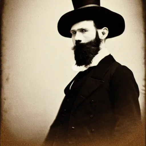 Image similar to A photograph portrait of Jerma985 in the mid-late 1800s with a top hat and beard, taken in the mid-late 1800s, grainy, taken on a Field View Camera, realistic, hyperrealistic, very realistic, highly detailed, very detailed, extremely detailed, detailed, digital art, trending on artstation