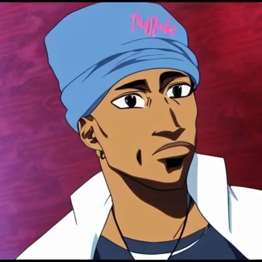 Image similar to Tupac Shakur, screenshot from a 2009s anime, anime style,