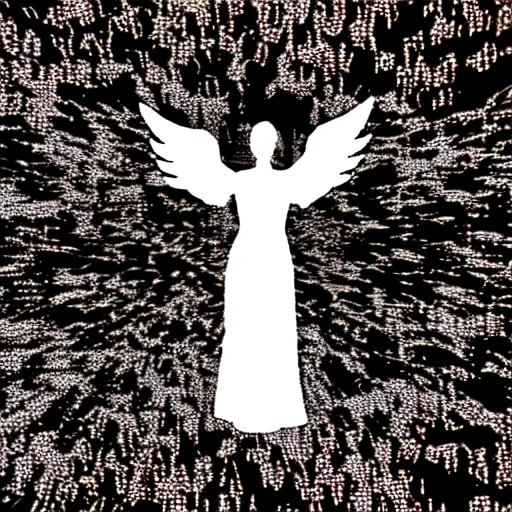 Image similar to vhs static overlay of angel apparition, money falling like confetti, vhs, 1 9 9 0, highly realistic, highly detailed, vhs noise static, black and white, vhs glitch