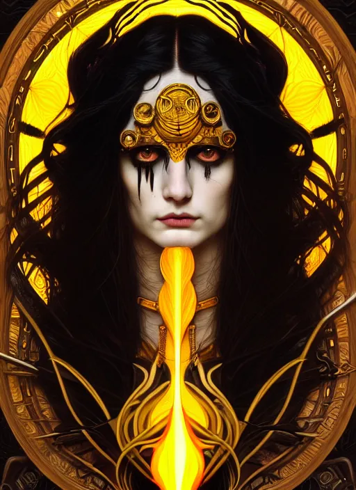 Prompt: portrait of god ares, long black hair, glowing eyes, volumetric lights, fire background, art nouveau botanicals, yellow scheme, gothic, intricate, highly detailed, digital painting, artstation, concept art, smooth, sharp focus, symmetric face, illustration, steampunk, art by artgerm and greg rutkowski and alphonse mucha