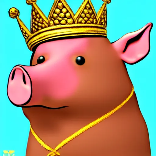 Image similar to standing pig wearing a gold crown on it's head illustration concept art in the style of Arthur Adams, full body 8k