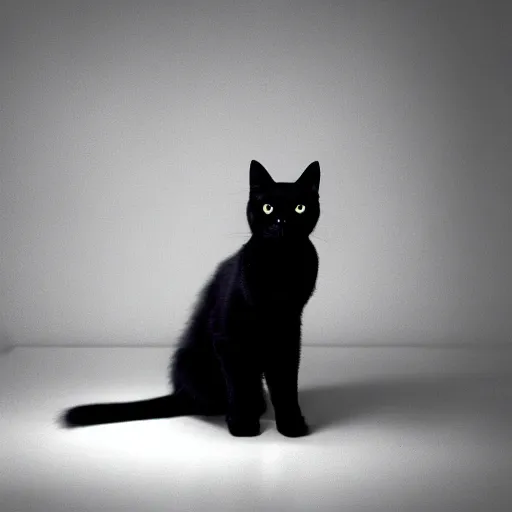 Image similar to national geographic photograph of a black cat sitting in a white room