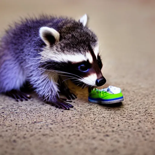 Image similar to a cute baby raccoon playing with a white sneaker shoe, strings undone, 5 0 mm f 1. 4, soft lighting