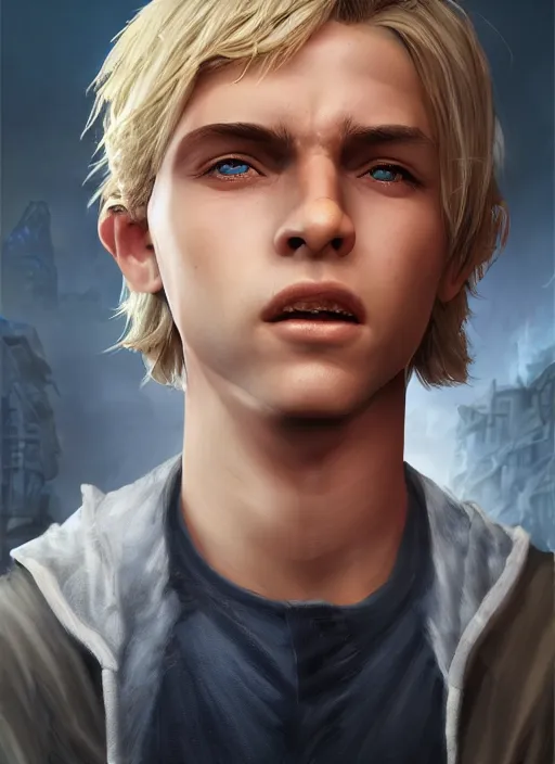 Image similar to An epic fantasy comic book style portrait painting of a young blonde boy thief, unreal 5, DAZ, hyperrealistic, octane render, cosplay, RPG portrait, dynamic lighting -20