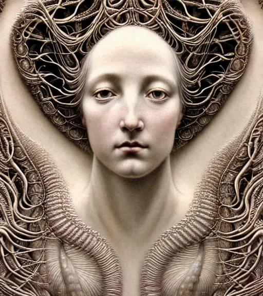 Image similar to detailed realistic beautiful ivory goddess face portrait by jean delville, gustave dore, iris van herpen and marco mazzoni, art forms of nature by ernst haeckel, art nouveau, symbolist, visionary, gothic, neo - gothic, pre - raphaelite, fractal lace, intricate alien botanicals, biodiversity, surreality, hyperdetailed ultrasharp octane render