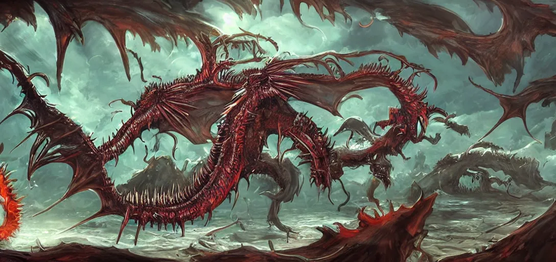 Prompt: concept art of long dragon attack, lovecraftian, lots of teeth and feathery wings, melting horror, fighting the horrors of the unknown with laser guns