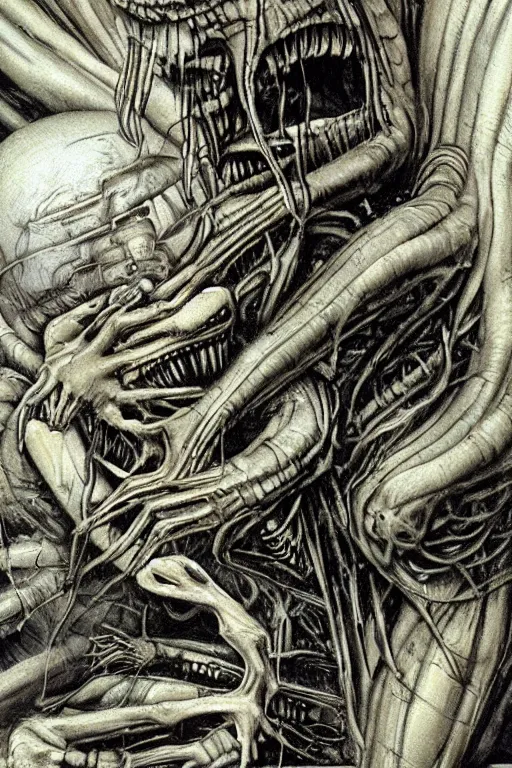 Image similar to saturn devouring his son in the syle of giger, giger, extremely detailed