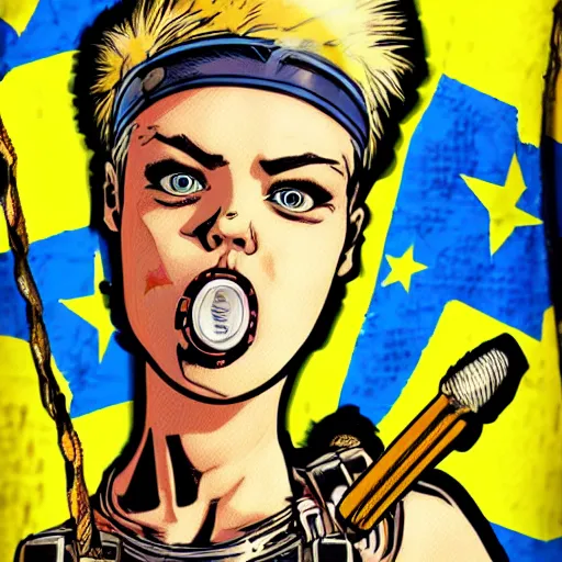 Image similar to tank girl comic, ultra detailed face, ukrainan flag