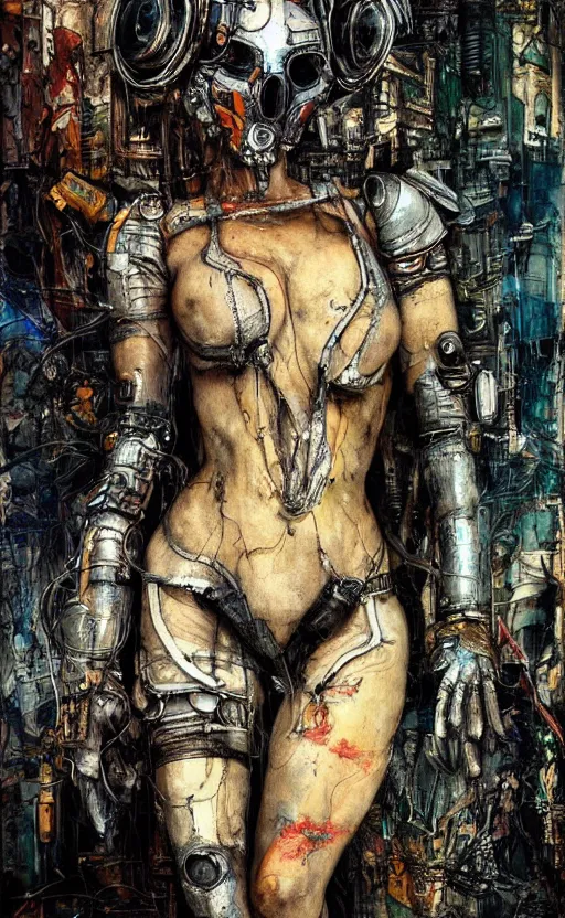 Image similar to beautiful woman made of mech mask rendered in unreal engine, cyberpunk, full body, rave, scifi, painted by albrecht durer | bernard buffet | carne griffiths | wlop