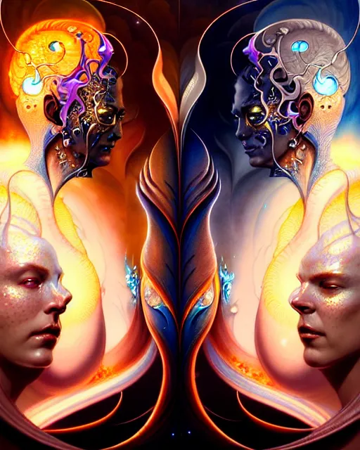 Prompt: a portrait of gemini water and fire fantasy character portrait made of fractals facing each other, ultra realistic, wide angle, intricate details, the fifth element artifacts, highly detailed by peter mohrbacher, hajime sorayama, wayne barlowe, boris vallejo, aaron horkey, gaston bussiere, craig mullins